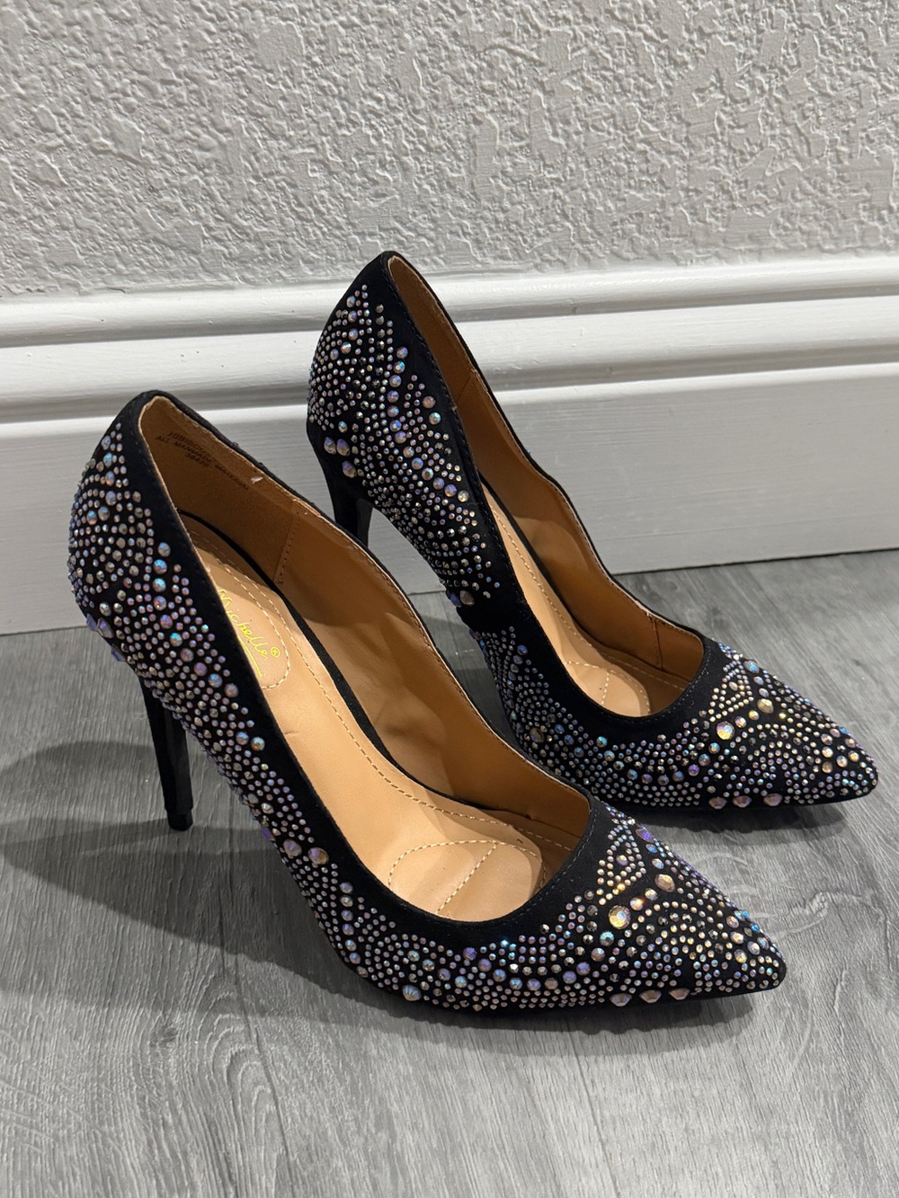 Anne Michelle Black Iridescent Rhinestone Pointed Toe Pumps Stiletto